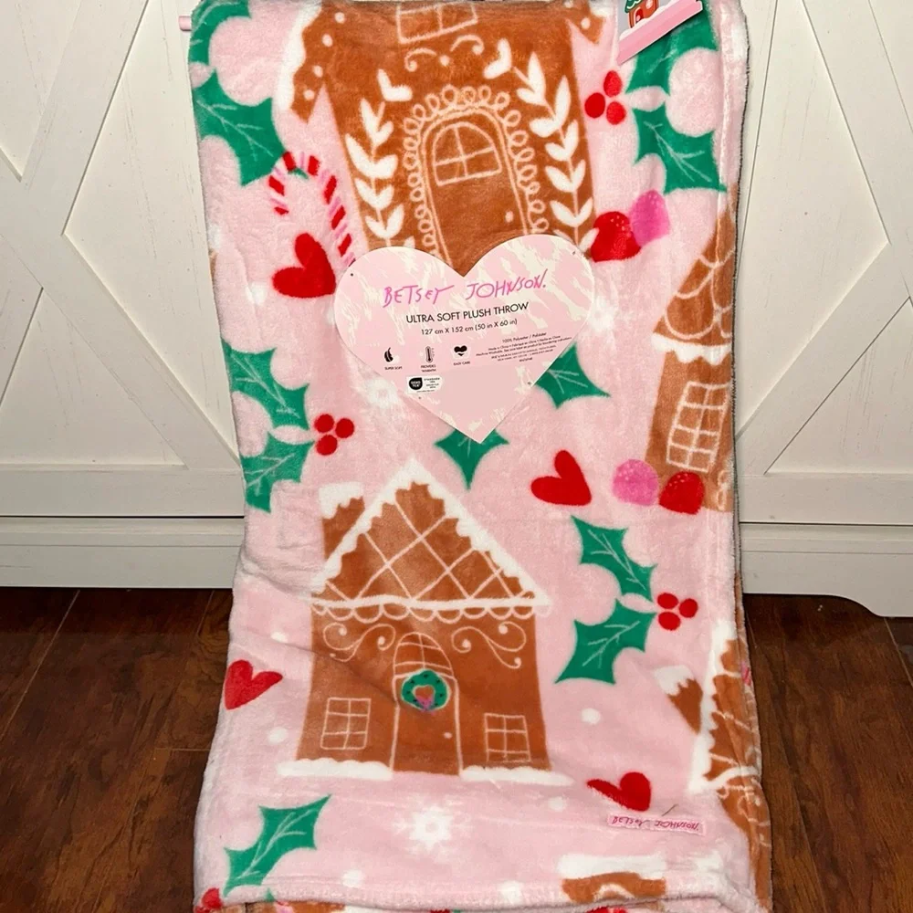 Betsey Johnson Festive Gingerbread House Plush Throw Blanket